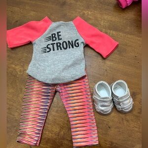 Gray and Pink 'Be Strong' doll Outfit with Striped Leggings & silver sneakers